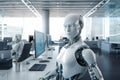 humanoid robot working at computer in office room. Working robot Royalty Free Stock Photo