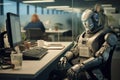 humanoid robot working at computer in office room. Working robot Royalty Free Stock Photo
