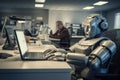 humanoid robot working at computer in office room. Working robot Royalty Free Stock Photo