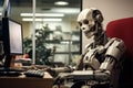 humanoid robot working at computer in office room. Working robot Royalty Free Stock Photo