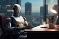 humanoid robot working at computer in office room. Working robot Royalty Free Stock Photo