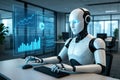 Humanoid robot working at a desk with holographic data displays in office artificial intelligence technology Royalty Free Stock Photo