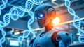 humanoid robot working with dna molecule on blurred background