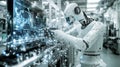 Humanoid robot working on futuristic computer systems
