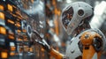 Humanoid robot working with futuristic digital interface and data streams Royalty Free Stock Photo