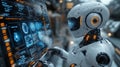 Humanoid robot working with futuristic digital interface and data streams Royalty Free Stock Photo