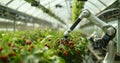 A humanoid robot working in an indoor farm