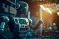 Humanoid robot working and manufacturing on a business factory assembly line or in a science lab
