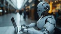 A humanoid robot works in an office on a laptop. Using artificial intelligence in office, humanoid bio robot works with laptop