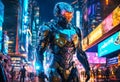 Humanoid robotic human with artificial intelligence on big city background