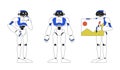Humanoid robots AI performing tasks linear flat color vector characters set Royalty Free Stock Photo