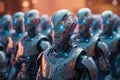 Humanoid robots army or group of cyborgs in factory. Generative AI