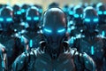 Humanoid robots army or group of cyborgs in factory. Generative AI