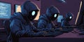 Humanoid robots in dark workplace coding on computers with glowing screens