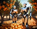 Humanoid robots harvesting ripe oranges in a sunny grove Royalty Free Stock Photo