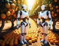 Humanoid robots harvesting ripe oranges in a sunny grove Royalty Free Stock Photo
