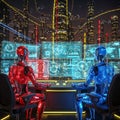 Humanoid robots sit in front of multiple computer screens displaying various data and graphs. Royalty Free Stock Photo