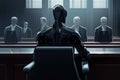 Humanoid robots sitting in a courtroom or law enforcement office. 3D rendering, A futuristic AI robot judge in a courthouse, AI