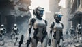 Humanoid Robots in warzone with weapons. Invasion of artificial intelligence. Apocalyptic illustration in high resolution Royalty Free Stock Photo