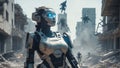 Humanoid Robots in warzone with weapons. Invasion of artificial intelligence. Apocalyptic illustration in high resolution Royalty Free Stock Photo