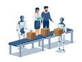 Humanoid robots working on assembly line near conveyor bolt