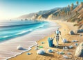 Humanoid Shoreline Ocean Beach Clean-up Crew Pollution Plastics Bottles Climate Change AI Generated