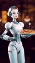 3d rendering of humanoid waitress robot holding a tray of food.