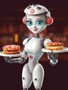 3d rendering of humanoid waitress robot holding a tray of pancakes.