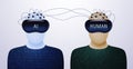 Humans and artificial intelligence in VR helmets are connected to each other by wires. Royalty Free Stock Photo