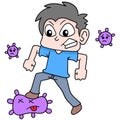 Humans are fighting and defeating the evil virus virus, doodle icon image kawaii