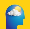 Humans head silhouette with sun and cloud. Good mood. Chill. Good day. Peaceful mind. Psychology themed Vector illustration