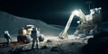 humans mining the moon and steroids, space mine, minerals, group of astronauts digging a quarry on the moon