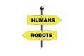 humans robots sign board yellow direction board right left