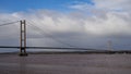 Humber Bridge, suspension bridge, viewed from Barton-on-Humber, Lincolnshire looking back towards Hessle, Yorkshire