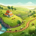 Humble small farmtown in rolling hill setting. Created using ai generative.