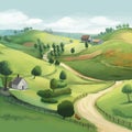 Humble small farmtown in rolling hill setting. Created using ai generative.