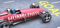 Humbleness helps reaching goals, pictured as a race car with a phrase Humbleness on a track as a metaphor of Humbleness playing Royalty Free Stock Photo