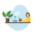 Humidifier air diffuser, houseplants and woman at the table. Purifier microclimate ultrasonic home concept, healthy