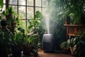 a humidifier diffusing water in a plant-filled room