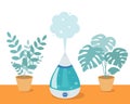 Humidifier with home plants on the table in the room. Ultrasonic device, air aromatization. Vector illustration in