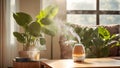 Humidifier in the living room, plants flowerpots fresh purifier comfort lifestyle wet electric