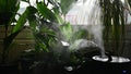 Humidifier releases water vapor into the air next to houseplants