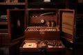 humidor with selection of fine cigars and accessories Royalty Free Stock Photo