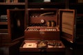 humidor with selection of fine cigars and accessories