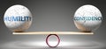 Humility and confidence in balance - pictured as balanced balls on scale that symbolize harmony and equity between Humility and