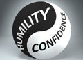 Humility and confidence in balance - pictured as words Humility, confidence and yin yang symbol, to show harmony between Humility