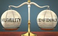 Humility and confidence staying in balance - pictured as a metal scale with weights and labels humility and confidence to