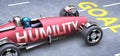 Humility helps reaching goals, pictured as a race car with a phrase Humility on a track as a metaphor of Humility playing vital