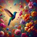A humingbird hovers amidst a vibrant explosion of wildflowers, blooming flower, a painting art, animal, nature