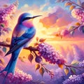 A humingbird in a painting art, inspired by William Harris, beautiful, whimsical, flower, sunset, clouds, sky